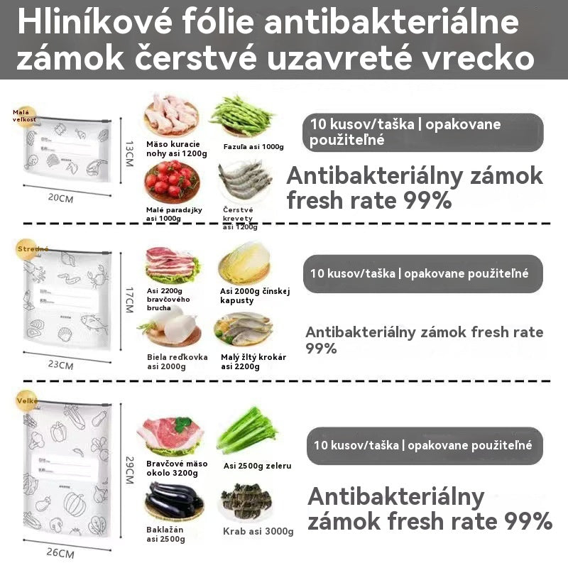 Vrecko z hliníkovej fólie potravinárskej kvality so zipsom na zachovanie čerstvosti, vhodné do domácej chladničky