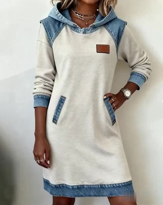 Zimná novinka Módne džínsové patchworkové šaty s kapucňou