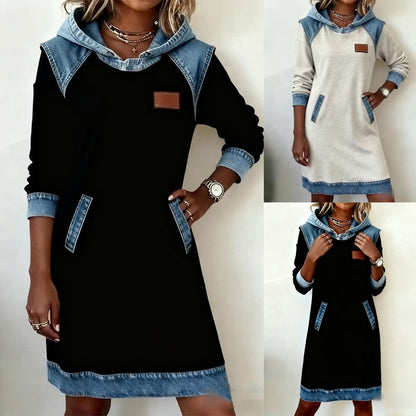 Zimná novinka Módne džínsové patchworkové šaty s kapucňou